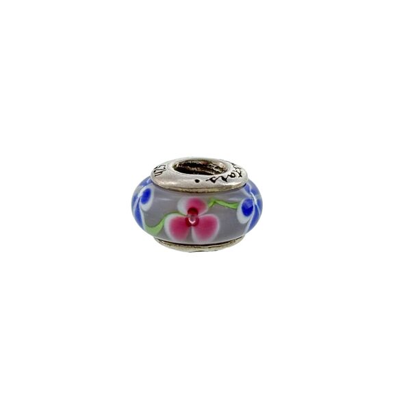 Vintage SimStars Sterling Silver 925 Floral Glass Bead Charm - Picture 1 of 6